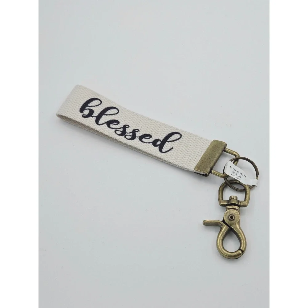 Altar'd State Blessed Canvas Wristlet Keychain Antique Brass Clasp Cream Black